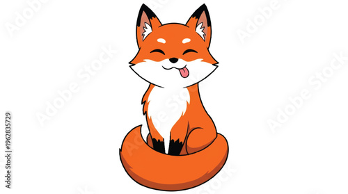 cartoon orange fox with white face and black ears sitting on its tail and sticking out its tongue