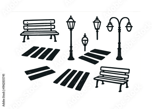 Urban design elements: benches, street lamps, and crosswalks