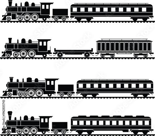 Black silhouette vintage steam trains with locomotives, coal tenders, passenger cars, and flatbed railcars vector illustration artwork design