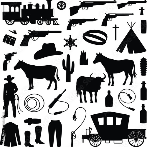 Black silhouette Wild West icons including guns, sheriff badge, cowboy, horses, cactus, wagon, steam locomotive vector illustration artwork
