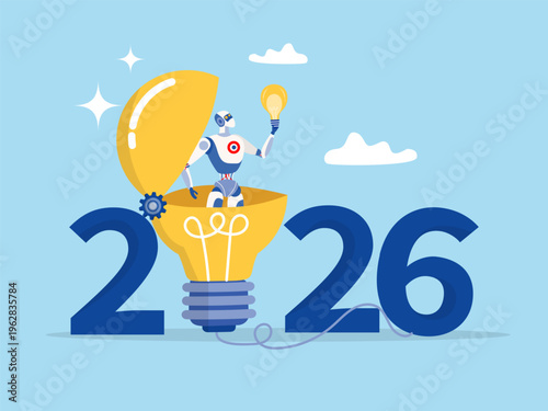 Year 2026 future success, robot with AI chip open lightbulb discover new innovative idea 2026 number Innovation or AI technology fore creative thinking idea vector.