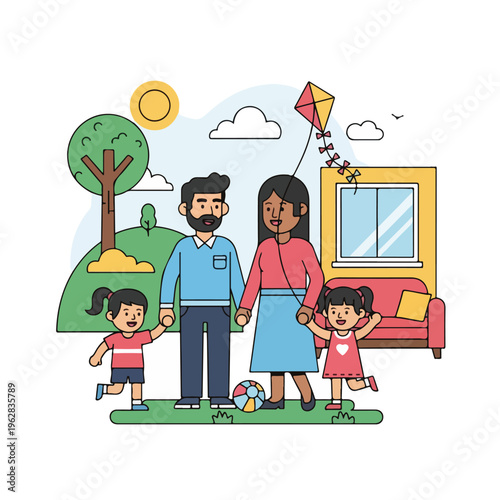 Illustration of a family playing outside with a kite