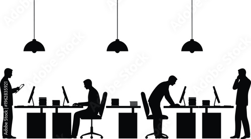 Cad drawing flat vector illustration of office workers at desks with computers and hanging lamps in modern corporate workspace environment