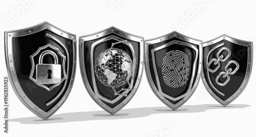 Futurist chrome security symbols collection, digital data protection set, "Created with AI assistance and manually refined."