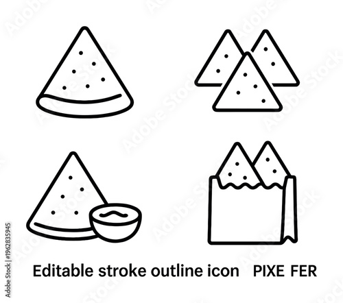 Nacho chips outline icons with sauce and bag in simple style