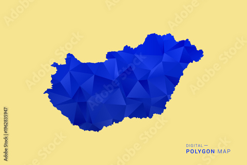 Hungary Map - Low poly polygon map in deep blue gradient on soft beige background, modern minimal geometric design, clean abstract vector illustration with faceted triangulated style.