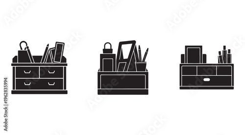 Three black and white icons of office desk organizers with various office supplies on a white background  office supplies and organization tools