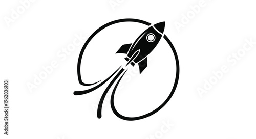 Rocketship illustration launching upwards within a circular frame, representing ambition, innovation, and space exploration.