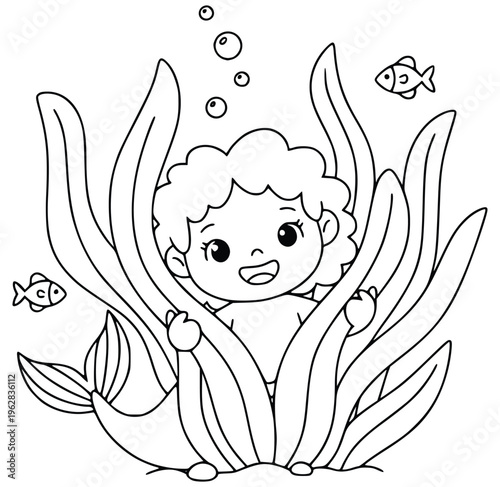 Mermaid coloring page features a cute mythical girl with curly hair in seaweeds
