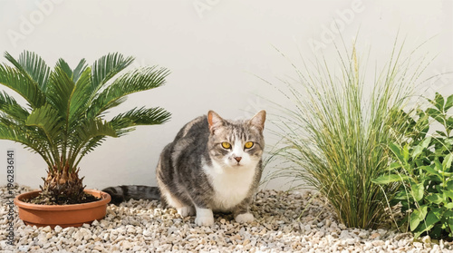 cat sitting on gravel next to potted palm and grass plants