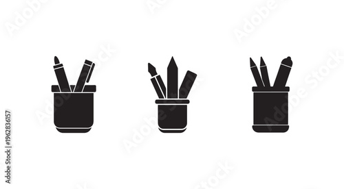 Three black and white illustrations of paintbrushes in holders for art supplies  creative tools for painting and drawing