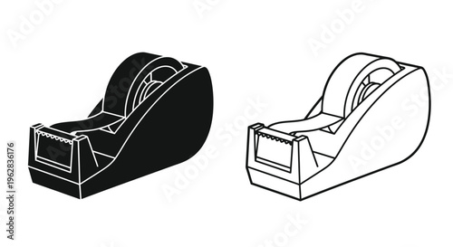 Two depictions of a tape dispenser in black and white silhouette