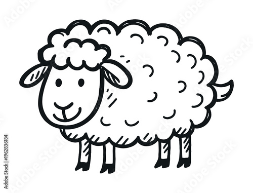 Black and white doodle of a smiling sheep cartoon illustration