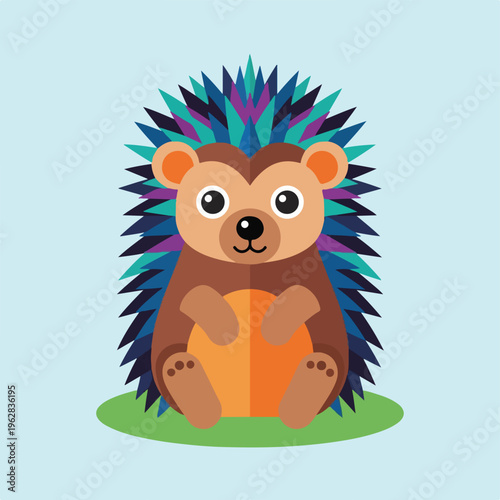 Cute cartoon hedgehog with spiky quills, sitting on grass