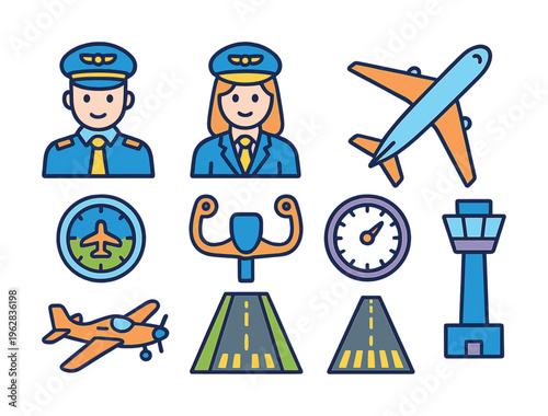 Aviation icons: pilots, airplanes, and aviation equipment illustrations