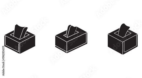 Three black and white illustrations of tissue boxes with tissues sticking out in different positions  isolated on white background