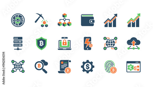 Cryptocurrency Blockchain Icons Set for Finance Web Design Mining Wallet Security Growth Charts