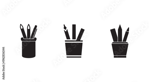 Three black and white illustrations of drawing tools in cups  pencils and markers in holders  office supplies  art materials