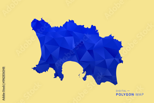 Jersey Map - Low poly polygon map in deep blue gradient on soft beige background, modern minimal geometric design, clean abstract vector illustration with faceted triangulated style.