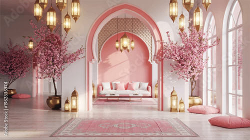 Luxurious interior of a room with pink and white decor and arched doorway