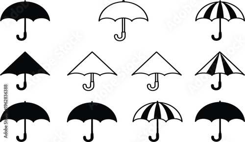 Collection of black and outline umbrella icons featuring various styles including solid striped and folded parasols for weather protection and insurance