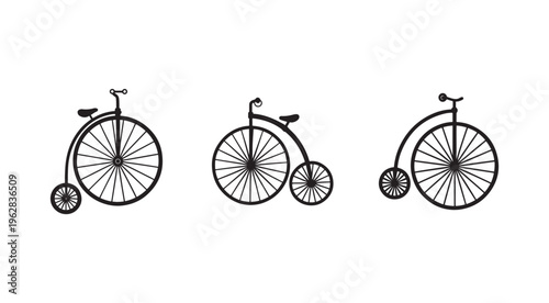 Three black and white penny farthing bicycle silhouettes in different positions  old fashioned high wheel bikes with smaller front wheels