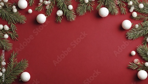 Festive green branches and white ornaments frame a deep red background