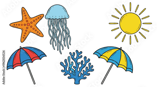 colorful beach icons including starfish jellyfish and umbrellas on white