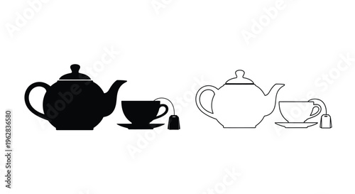 Teapot and teacup set in contrasting black and white silhouette