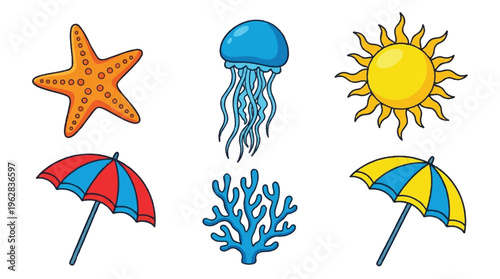 colorful beach icons including starfish jellyfish sun coral and umbrellas
