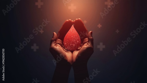 Hands grasping a blood drop on paper, blood donation, global blood donor celebration, Red Cross donation, world hemophilia awareness