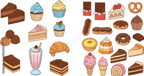 Sweet Treats Set with Cakes, Ice Cream, Cupcakes, Chocolates, and Pastries for Dessert Illustrations, Food Designs, and Digital Media