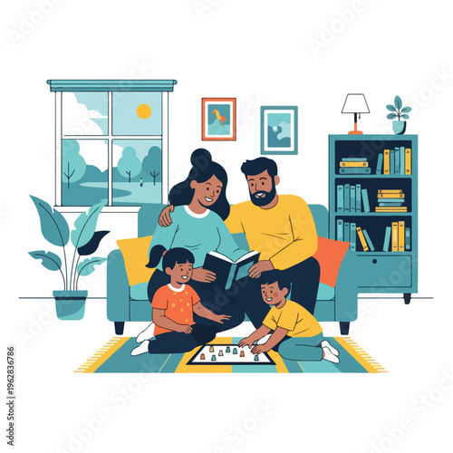 Illustration of a family reading and playing a game together indoors