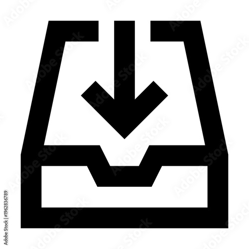 Save inbox icon with sharp bold line style featuring arrow into tray. Perfect for apps, websites, dashboards, and UI components. Clean minimal black outline for storage, downloads, and records.