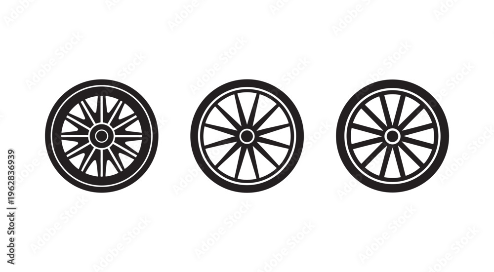 Fototapeta premium Three black and white wagon wheel icons in different angles on white background