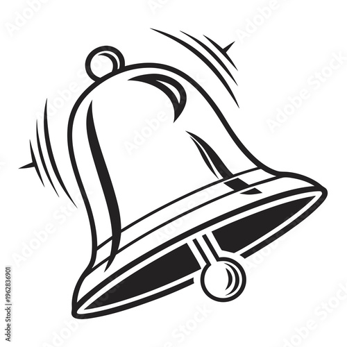 Black and white graphic representation of a bell in motion with sound lines indicating it is ringing, signaling or chiming loudly
