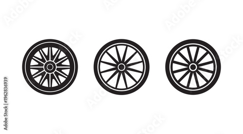 Three black and white wagon wheel icons in different angles on white background