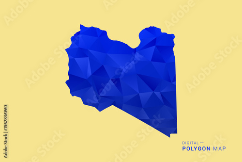 Libya Map - Low poly polygon map in deep blue gradient on soft beige background, modern minimal geometric design, clean abstract vector illustration with faceted triangulated style.