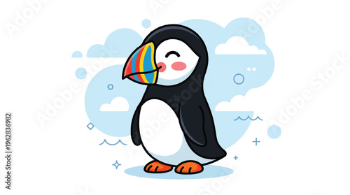 Cute cartoon penguin wearing rainbow surfboard on white background with blue clouds