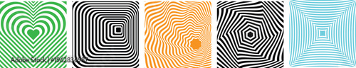 Abstract optical illusion pattern set with geometric lines, vortex, square distortion and heart shapes, modern dynamic backgrounds for posters, branding or digital use