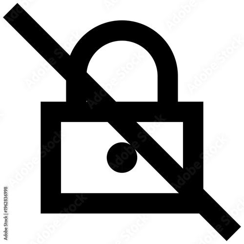 Padlock with slash icon representing disabled security, unlocked state, or restricted access. Perfect for privacy settings, permissions, or alert UI in apps, websites, and dashboards. Sharp bold line.
