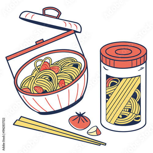 Italian pasta spaghetti served in bowl with tomato and garlic with jar of dry noodles and chopsticks in hand drawn flat illustration style vector