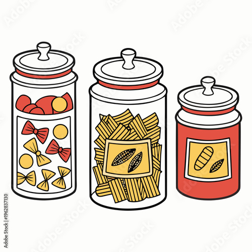 Three glass jars filled with various ingredients like tomatoes pasta and spices ideal for food storage and kitchen organization concepts
