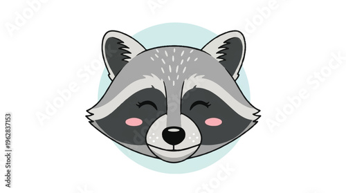 Cute cartoon raccoon face with closed eyes and pink cheeks smiling sweetly on blue circle