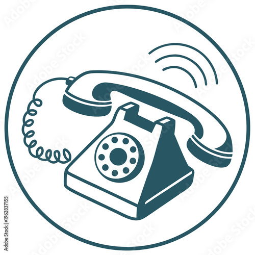 Calling landline phone in round icon, vintage telephone ringing, old communication device with handset and rotary dial