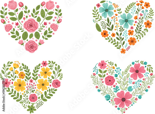 Floral Heart Shape Set with Roses, Flowers, and Leaves for Valentine's Day, Wedding Designs, and Romantic Illustrations