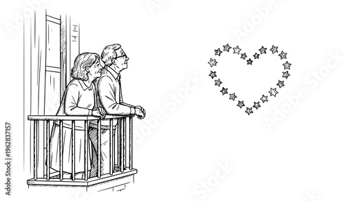 Elderly couple on balcony watching heart shaped stars black and white sketch vector romantic illustration