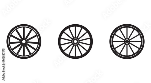 Three black and white wagon wheel icons with spokes in different positions on white background  various orientations of classic cart wheel designs