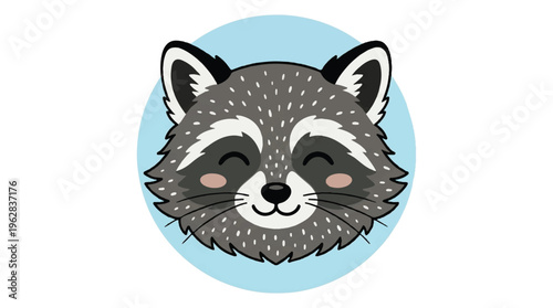 Cute cartoon raccoon face with closed eyes and smiling expression on blue circle