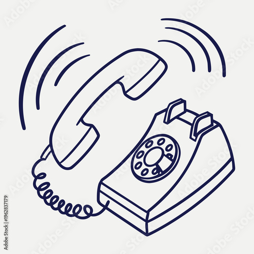 Ringing old-fashioned landline phone, vintage telephone with handset off hook, retro communication device in outline style